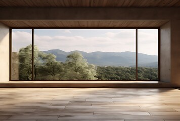 Empty room with a panoramic view of the mountains. 3d rendering