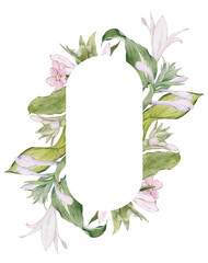 Watercolor floral frame with hosta garden flowers