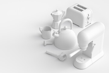 Kitchen appliances and utensils for making breakfast on monochrome background