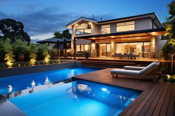 Fototapeta na wymiar Stunning upscale suburban residence featuring pool and spacious outdoor area. Generative AI