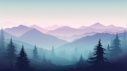 Morning light pastel gradient atmosphere with mountains and tree silhouettes desktop wallpaper background, ai generated 