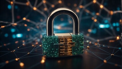  image of a virtual padlock safeguarding a complex network of interconnected nodes. The padlock symbolizes protection while the nodes represent the vital information flowing through secure channels