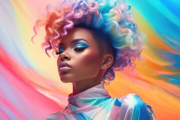 Naklejka premium Portrait of a young African-American woman with multicolored hair wearing a multicolored fashion jacket on an abstract colored background, 90s style.