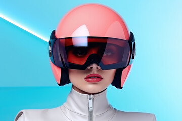 Portrait of a girl wearing a white feline jacket with an orange futuristic helmet on a blue background.