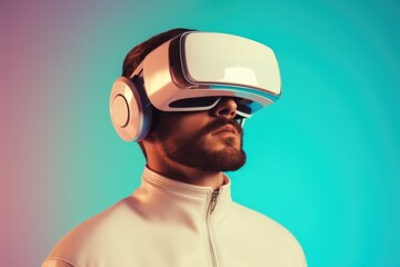 Portrait of a man in white clothes with modern white VR goggles on neon background.