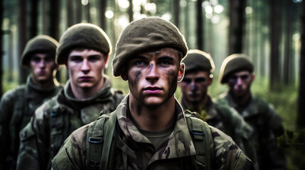 Fototapeta premium Group of emotionless young soldiers in military uniform standing in a forest and looking at camera. War and military service concept