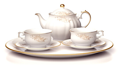 Elevate your tea time with a teapot and a collection of delicate tea cups&mdash;an ideal setup for tea parties and beverage presentation.