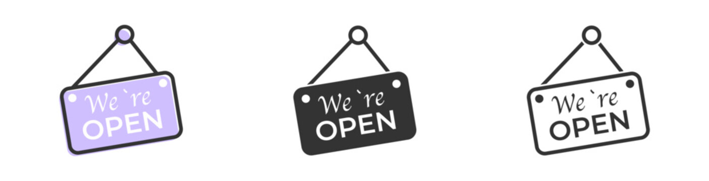 We are open sign icons. Shop hanging on door. Come in we're open signboard. Vector illustration.