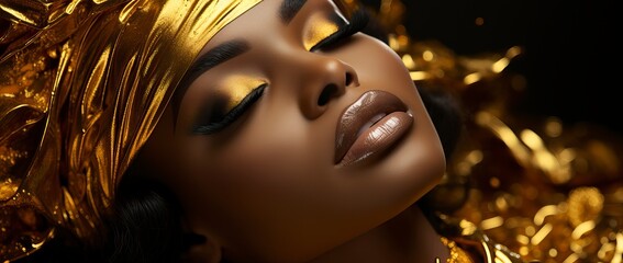 A beautiful black woman in gold makeup
