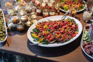 Delicious buffet at a garden party wedding reception
