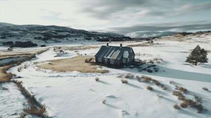 Scene of cold nature, a view from drone of a snow field with a cabin wooden house, created with Generative Ai technology.