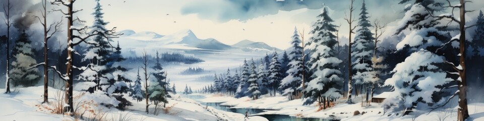 A painting of a snowy mountain scene with a stream.