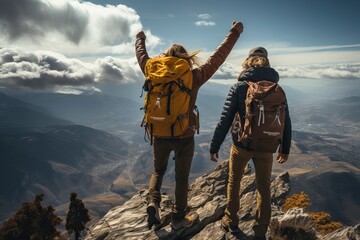 Couple jumping with backpacks on the mountain top