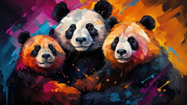 A painting of three pandas sitting next to each other.