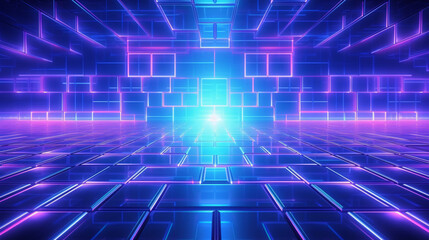 Fototapeta premium Neon glow cyan blue and purple perspective grid room, cyberspace, digital techonology and VR concept, retro future abstract background.