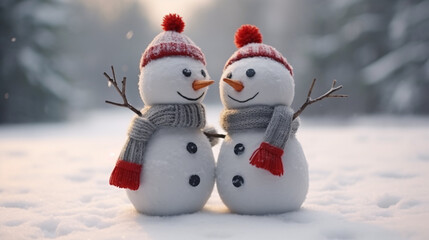 Obraz premium Two happy snowman family toys greeting greeting each other, celebrating Christmas and new year with family and friends concept photo background.