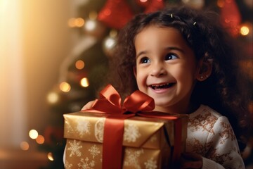 Fototapeta na wymiar Surprised Kid Girl Opening Christmas Present. Joyful Child Indulging in Holiday Morning, Discovering Surprise Gift Inside the Box