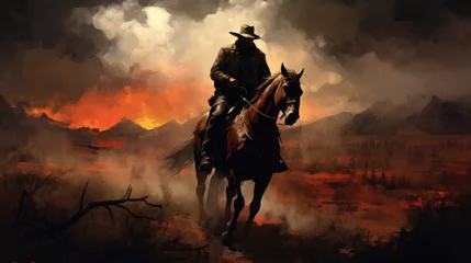 Poster Abstract image of cowboy riding on a horse against colorful sunset sky. Silhouette of rider in cowboy costume sit on powerful and smart horse on sunrise background. © Nataliya