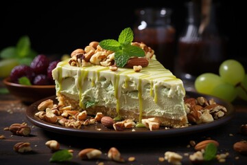 A piece of pistachio cheesecake on a plate with grapes and nuts. - obrazy, fototapety, plakaty