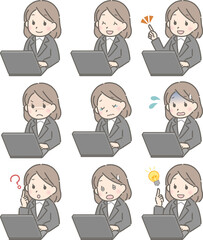 スマホを操作する若い女性の表情セット（スーツ）