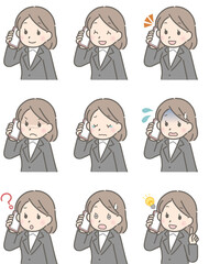 スマホで話す若い女性の表情セット（スーツ）