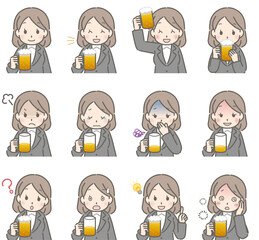 ビールを持った若い女性の色々な表情（スーツ）