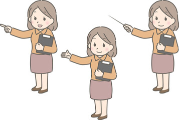 色々な指差しをする若い女性（私服）