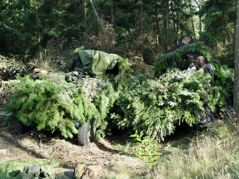 Forest, war and a military vehicle in camouflage for an attack or ambush during a special forces mission. Nature, army and a car covered in grass in the countryside for training as a soldier