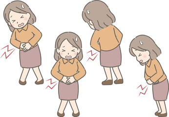 腹痛でおなかをおさえる若い女性（私服）
