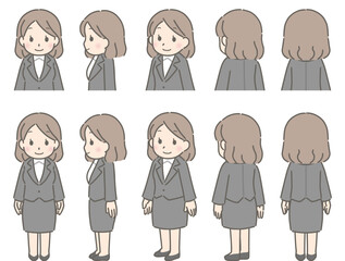 色々な向きを向く若い女性（スーツ）
