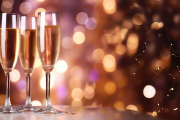 New year's eve celebration background with champagne. Pink bokeh. Generative AI