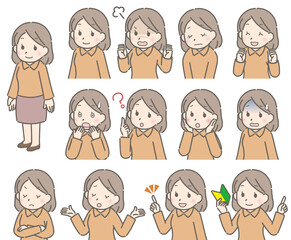 若い女性の表情セット（斜め向き、私服）