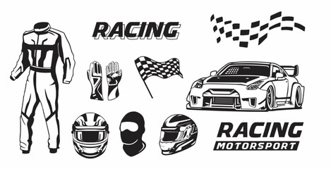 vector motorsport racing design, collection of clip art of racer equipment, wearpacks, helmets, gloves, cars and checker flags