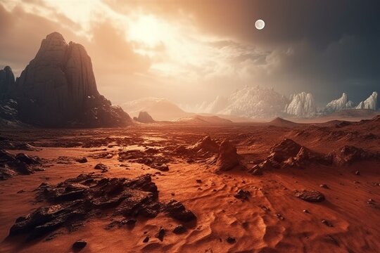 Red planet with Martian scenery and dusty surface. Generative AI