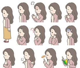 若い女性の表情セット（横向き、私服）