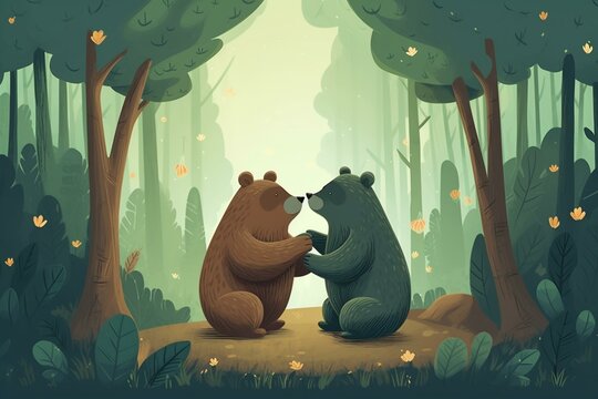 Two adorable bears in the forest near a tree with heart-shaped moss, holding a wooden Valentine's heart. Illustration depicted. Generative AI