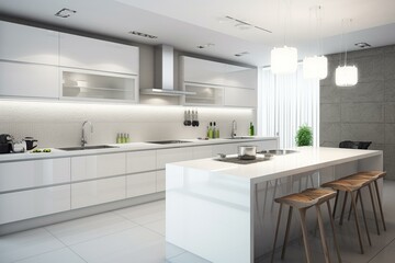 Fototapeta na wymiar Contemporary white kitchen design. 3D-rendered interior. Generative AI