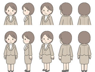 色々な向きを向く若い女性（スーツ）