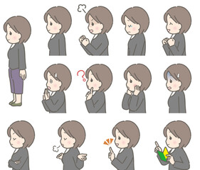 若い女性の表情セット（横向き、私服）