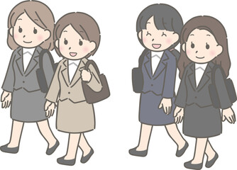一緒に歩く若い女性（スーツ）