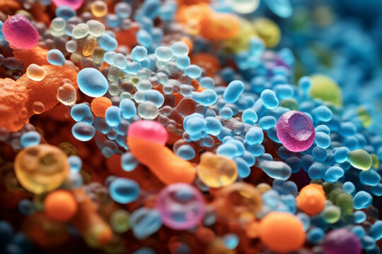 Bacteria of different shapes, rod shaped bacteria and cocci, human microbiome. Generative AI
