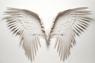 White angel wings spread wide opened with detailed feathers. Generative AI
