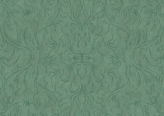 Hand-drawn unique abstract symmetrical seamless ornament. Dark semi transparent green on a light cold green background color. Paper texture. A4. (pattern: p11-1a)