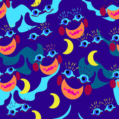 seamless pattern - deep night, moon, reflection, sea, clouds, wave, image, eyes.