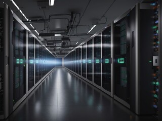 Naklejka premium A shot of a working data center corridor filled with rack servers, supercomputers, modern communications, artificial intelligence, and the concept of supercomputer technology. 3D rendering, conceptual