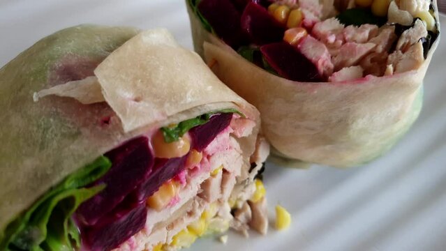 Chicken vegetable wrap salad clean healthy food meat beatroot corn and green leaf