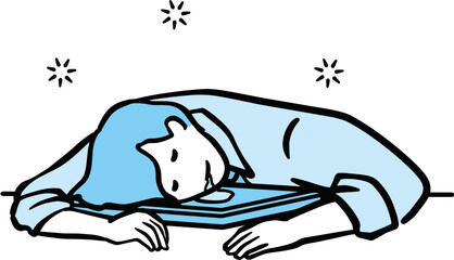 パソコンを枕によだれがでるほど爆睡するスーツ男性の単色イラスト