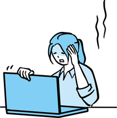 パソコン画面の前で落ち込む働く女性の単色イラスト