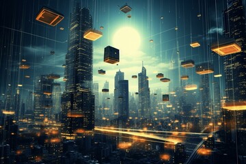 Technology buzzing over metropolis. Generative AI
