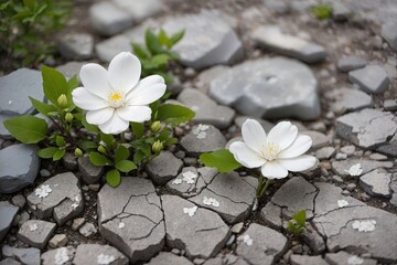 Fototapeta na wymiar top view soft focus White flower growing in cracked dry earth. ai generative